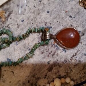 Gorgeous Vintage Navajo Turquoise Chips Red Jasper & Sterling Silver Necklace